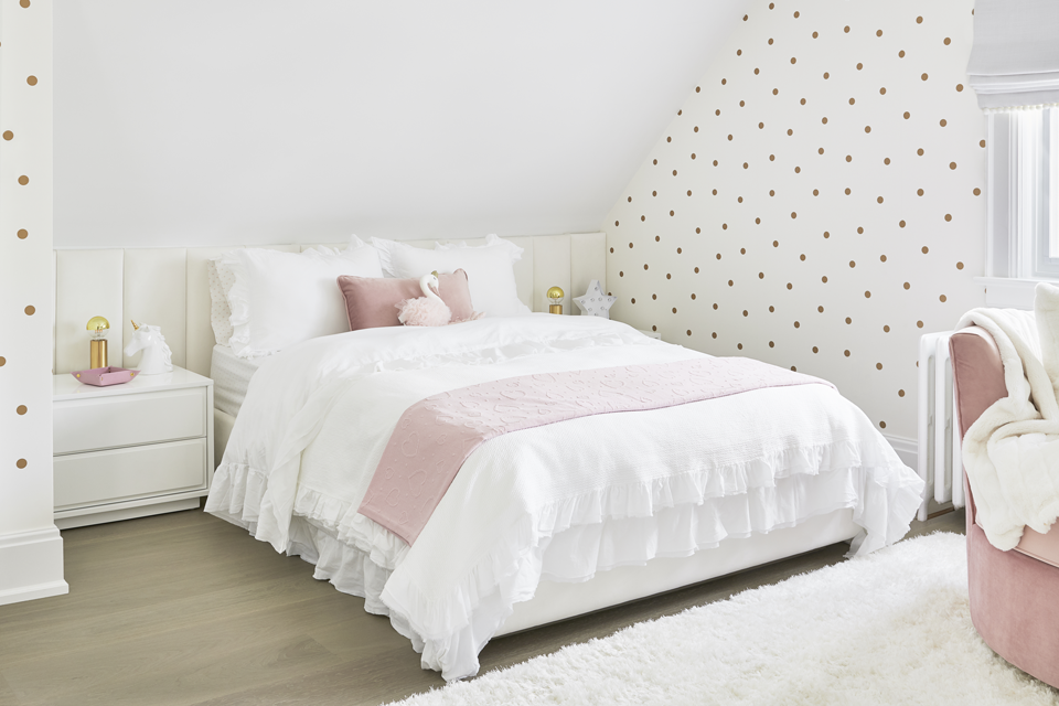 children's room wilth polka dot wall paper  Interior Design by Sara Bederman