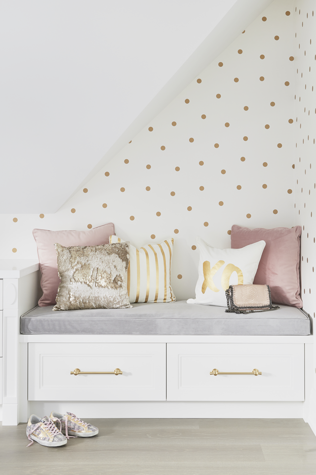 bench in nook in child's room  Interior Design by Sara Bederman